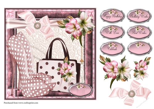 Lily card front with, Shoes, Handbag, decoupage and sentiments
