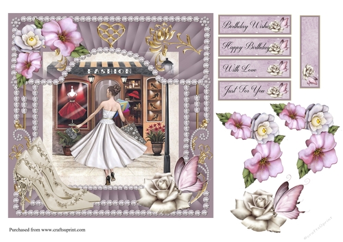 Fashion sparkly card front with, Shoes, Roses, decoupage and sentiments