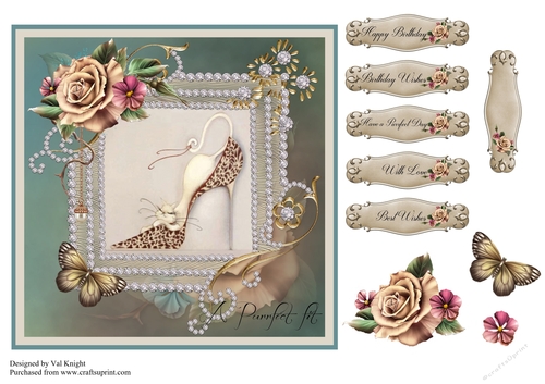 A Purrfect Fit card front with decoupage and sentiments