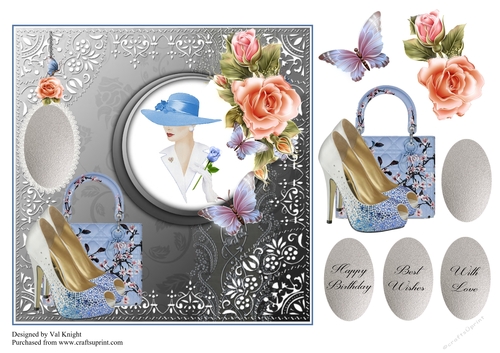 Stylish fashion card front with decoupage and sentiments.