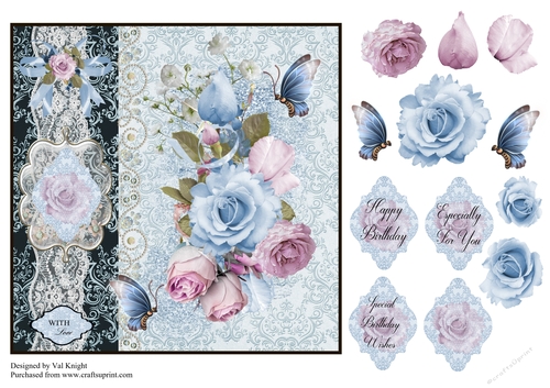 Pink and Blue Rose Card Front With Decoupage