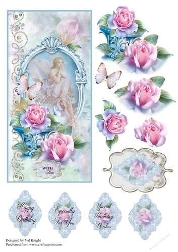Pink Rose DL Card Front With Decoupage