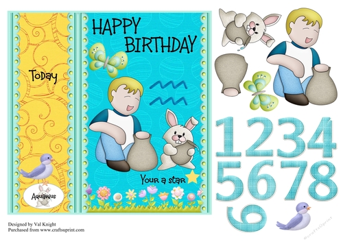 Children Zodiac Card Front With Decoupage - Aquarius 