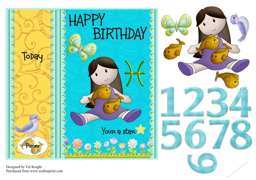 Children Zodiac Card Front With Decoupage - Pisces