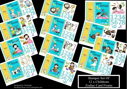 Bumper kit of of 12 childrens Zodiac card fronts with decoupage