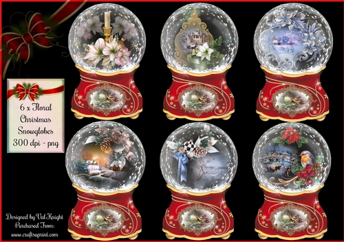 6 x Beautiful Floral Christmas Snowglobes - PNG - 300 dpi