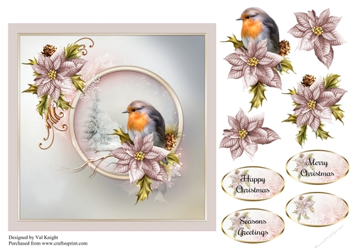 Robin and Poinsettia Card Front With Decoupage