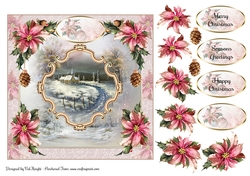 Pink Poinsettia Christmas Scene Card Front With Decoupage