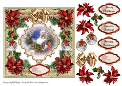 Red Poinsettia & Santa Christmas Card Front With Decoupage