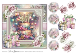 40th Birthday Cake Card Front With Decoupage