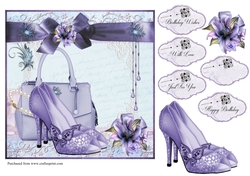 Lilac stiletto shoes, handbag and lilies card front with decoupage and sentiments