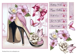 Floral Shoes card front with decoupage and sentiments