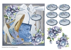 Blue Rose card front with, Shoes, Handbag, decoupage and sentiments