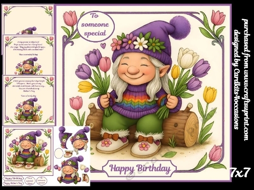 Gnome and tulips