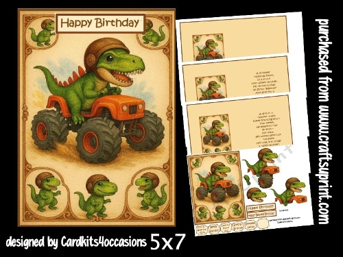 A Dinosaur and big wheeled truck 5x7