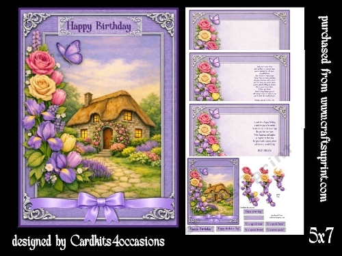 A thatched cottage and flowers 5x7