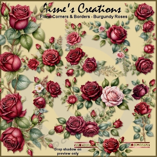 Burgundy Roses Floral Corners and Borders