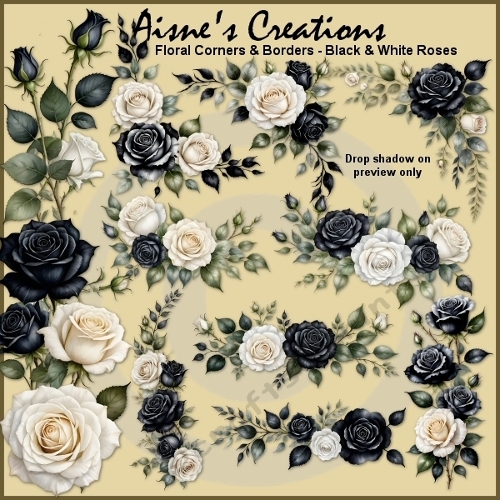 Black & White Roses Floral Corners & Borders