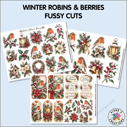 Winter Robins & Berries Fussy Cuts