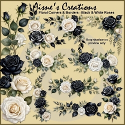 Black & White Roses Floral Corners & Borders