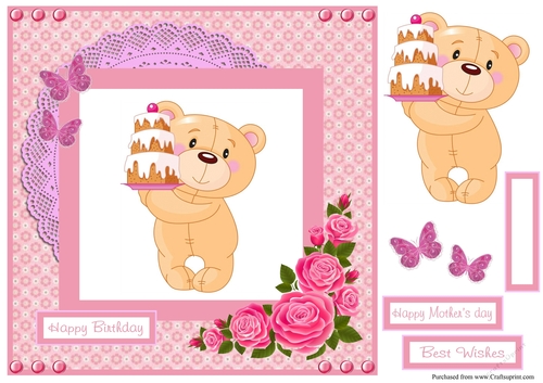 Happy birthday greeting card with bear and cake