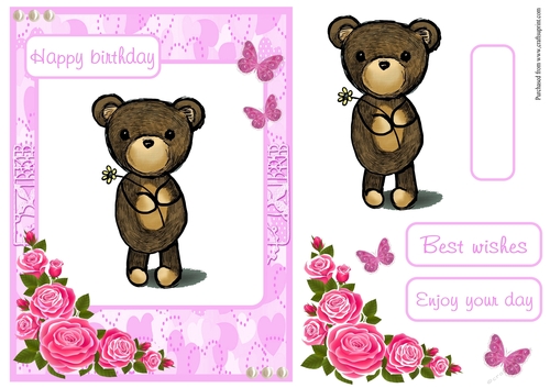 Birthday greeting card with bear and butterflies