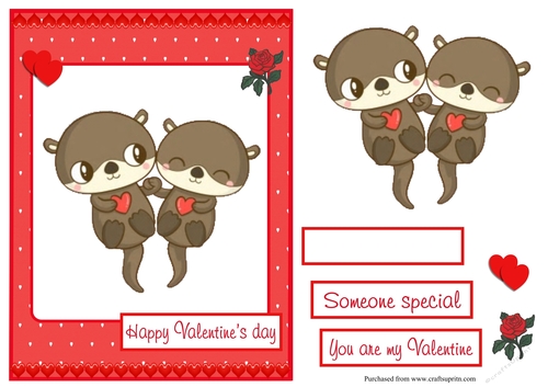 Valentines day greeting card with cute otters