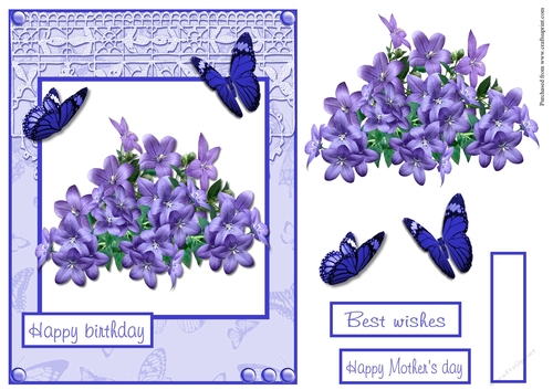 Birthday greeting card with blue flowers and butterflies