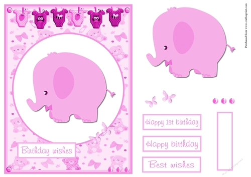 Little girl birthday greeting card with Elephant image