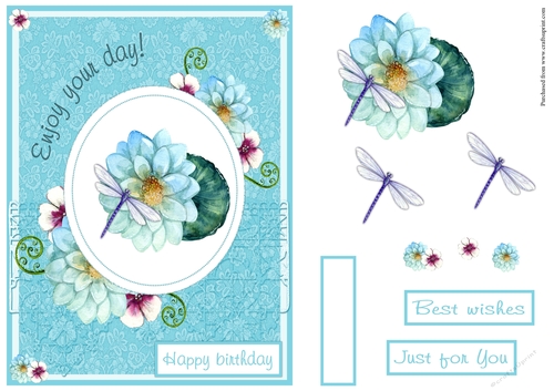 Birthday greeting card with flowers and dragonfly