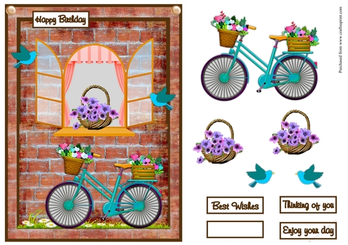 Window, bicycle and flowers birthday greeting card