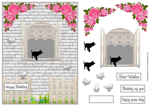 Window birthday greeting card with a black cat and some birds