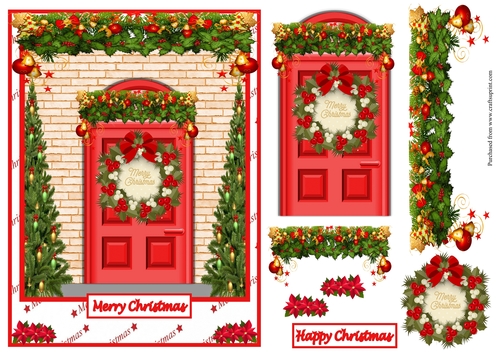 Merry Christmas greeting card with frontdoor and Christmas trees
