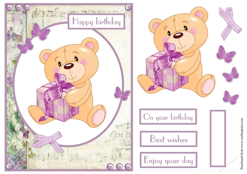 Birthday greeting card with a bear with a gift