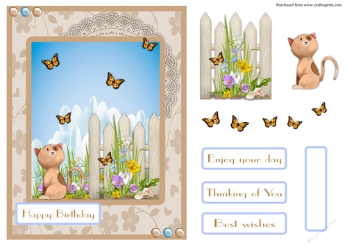 Cat and butterflies birthday greeting card