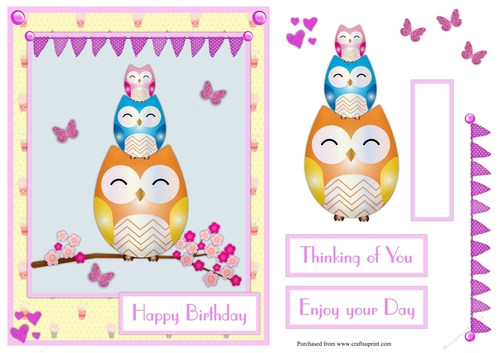 Owls and butterflies birthday greeting card