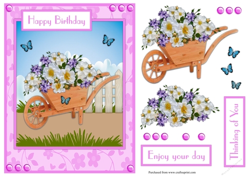 Birthday greeting card with wheelbarrow and flowers