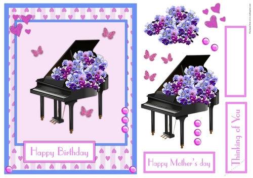 Birthday greeting card also for Mothers day with piano and flowers