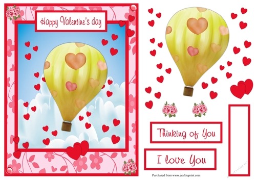 Valentines dat greeting card with Hotair balloon and lot of hearts