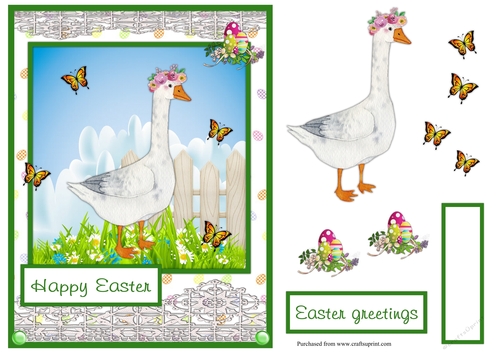 Easter greeting card with a cute goose and butterflies 