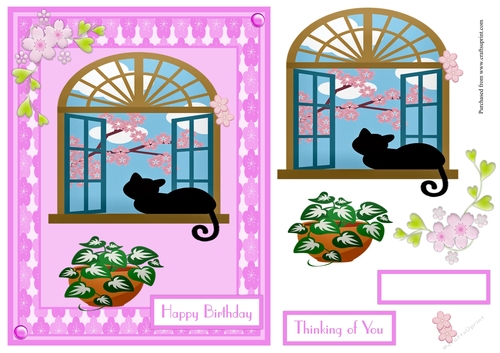 Black Cat and Sakura flowers Birthday Greeting Card