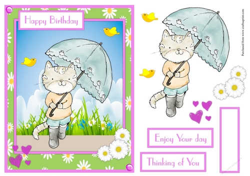 Cat with umbrella birthday greeting card