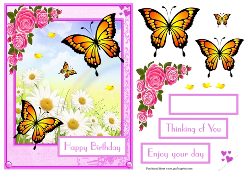 Birthday greeting card with butterflies and flowers