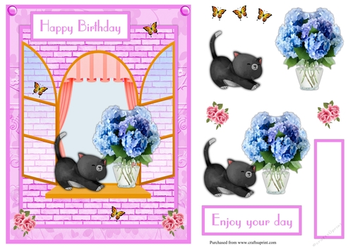 Birthday greeting card with cute cat and flowers
