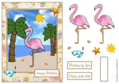 Birthday greeting card with a cute Flamingo on a tropical beach
