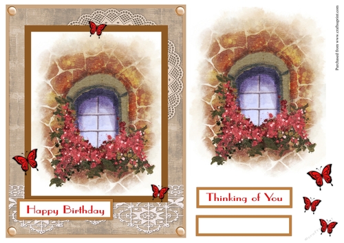 Watercolour window with flowers birthday greeting card 