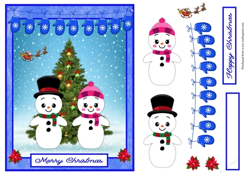 Christmas greeting card with couple snowman and Santa