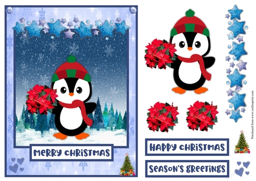 Penguin with Poinsettias Christmas greeting card