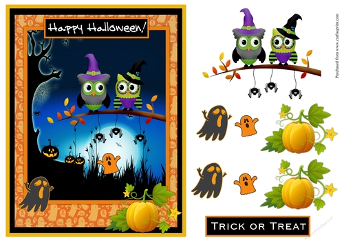 Halloween Greeting Card with Owls, ghosts and pumpkin