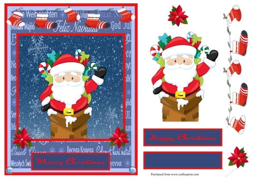 Christmas greeting card with Santa Claus down the chimney